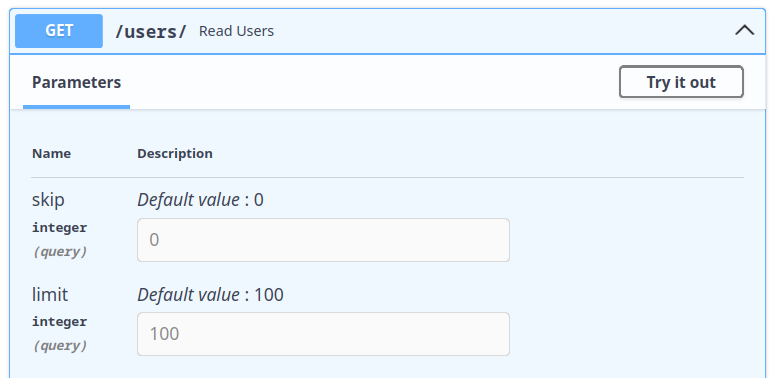 Captura de tela do endpoint de get /users exibindo os campos limit e offset