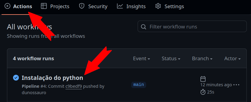 Captura de tela da aba Actions do repositório exibindo o workflow "instalação do python" e mostrando que foi executado com sucesso