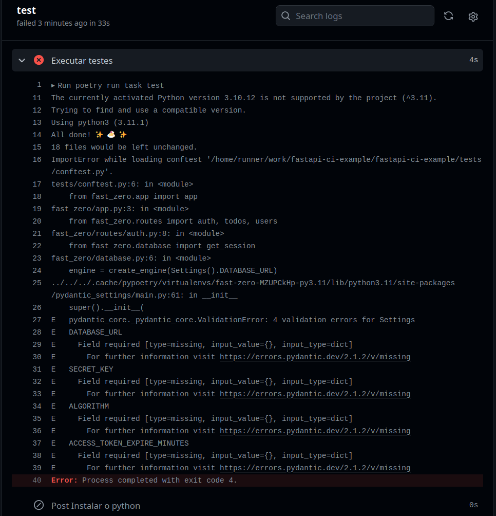 Captura de tela da messangem de erro completo no Actions