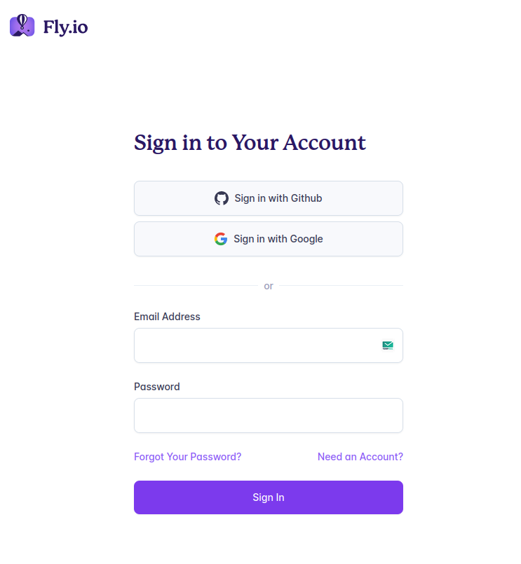 Captura de tela da tela inicial de login do fly.io